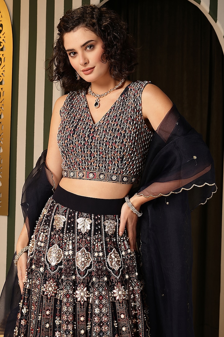 Navy Blue Georgette Foil Work Wedding Lehenga Set by Soniya G at Pernia's Pop Up Shop
