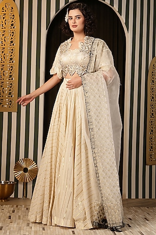 Ivory Georgette Striped Lehenga Set by Soniya G