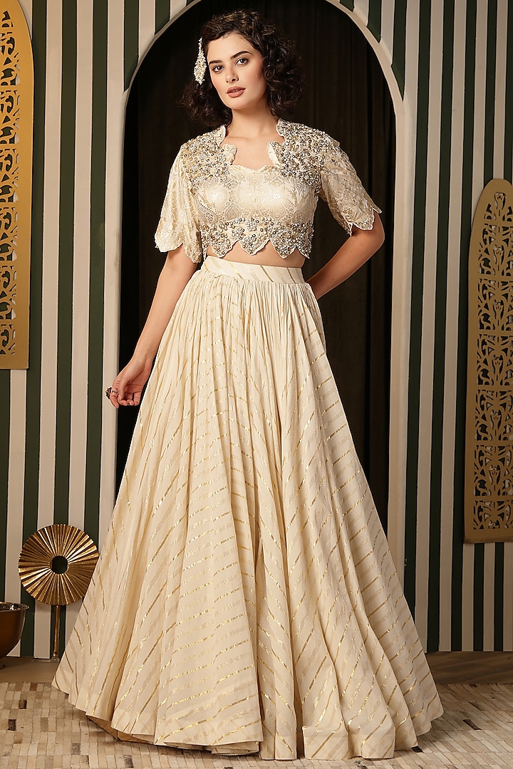 Ivory Georgette Striped Wedding Lehenga Set by Soniya G at Pernia's Pop Up Shop