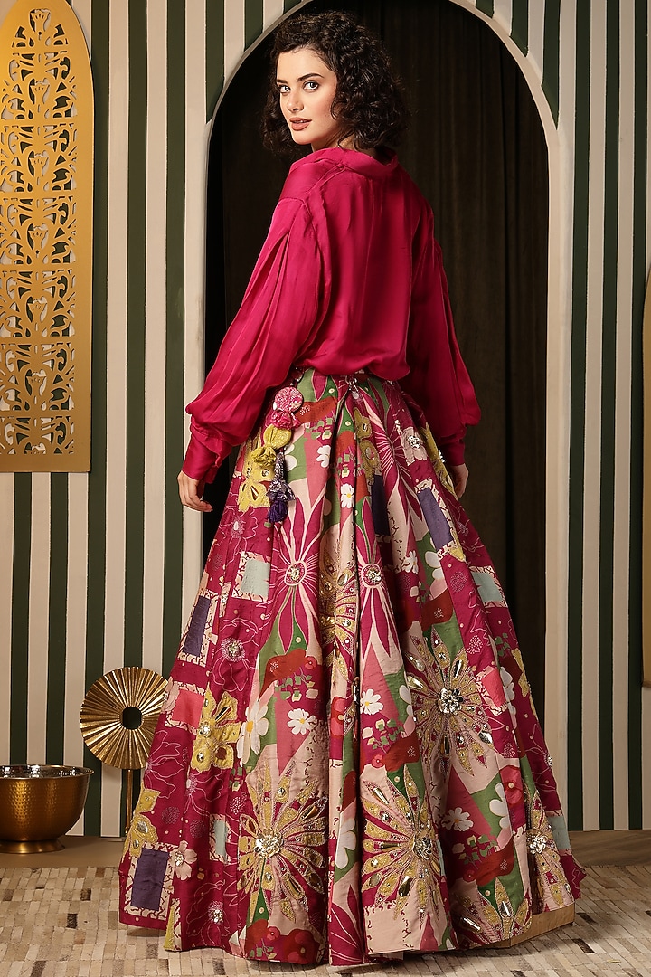 Magenta Blend Silk Floral Printed & Thread Embellished Wedding Lehenga Set by Soniya G at Pernia's Pop Up Shop