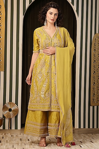 Yellow Pure Chanderi Resham Work Kurta Set by Soniya G