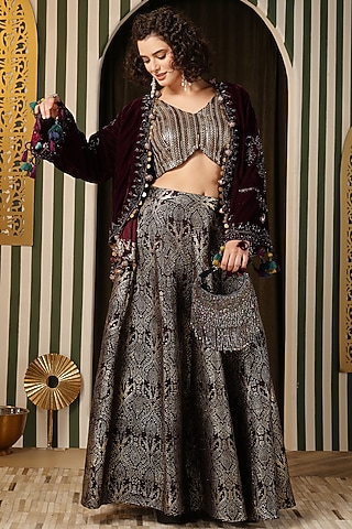Dark Purple Velvet Embroidered Jacket Lehenga Set by Soniya G