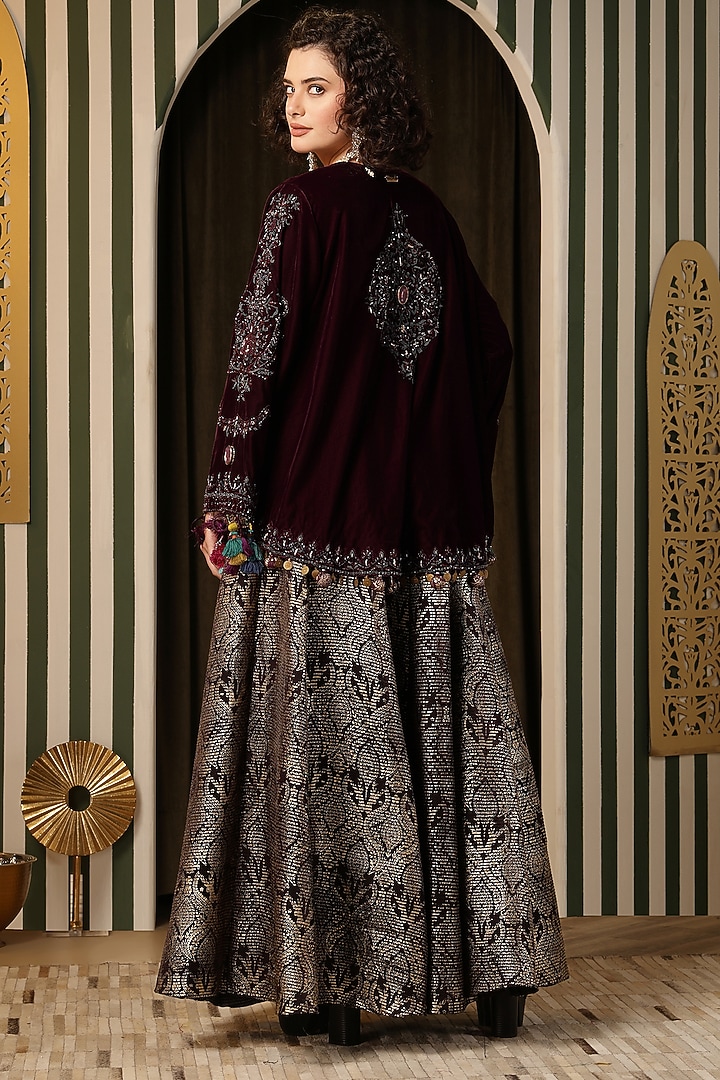 Dark Purple Velvet Embroidered Jacket Wedding Lehenga Set by Soniya G at Pernia's Pop Up Shop