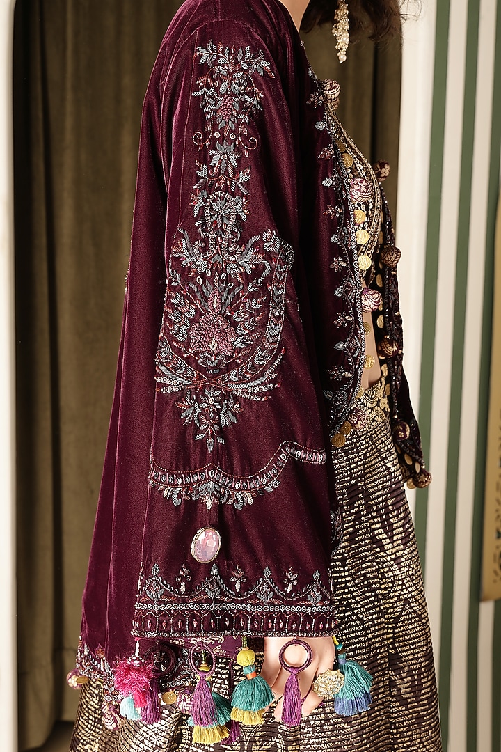 Dark Purple Velvet Embroidered Jacket Wedding Lehenga Set by Soniya G at Pernia's Pop Up Shop