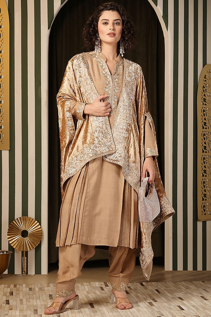 Beige Velvet Aari Work Cape Set by Soniya G at Pernia's Pop Up Shop