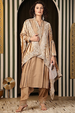 Beige Velvet Aari Work Cape Set by Soniya G
