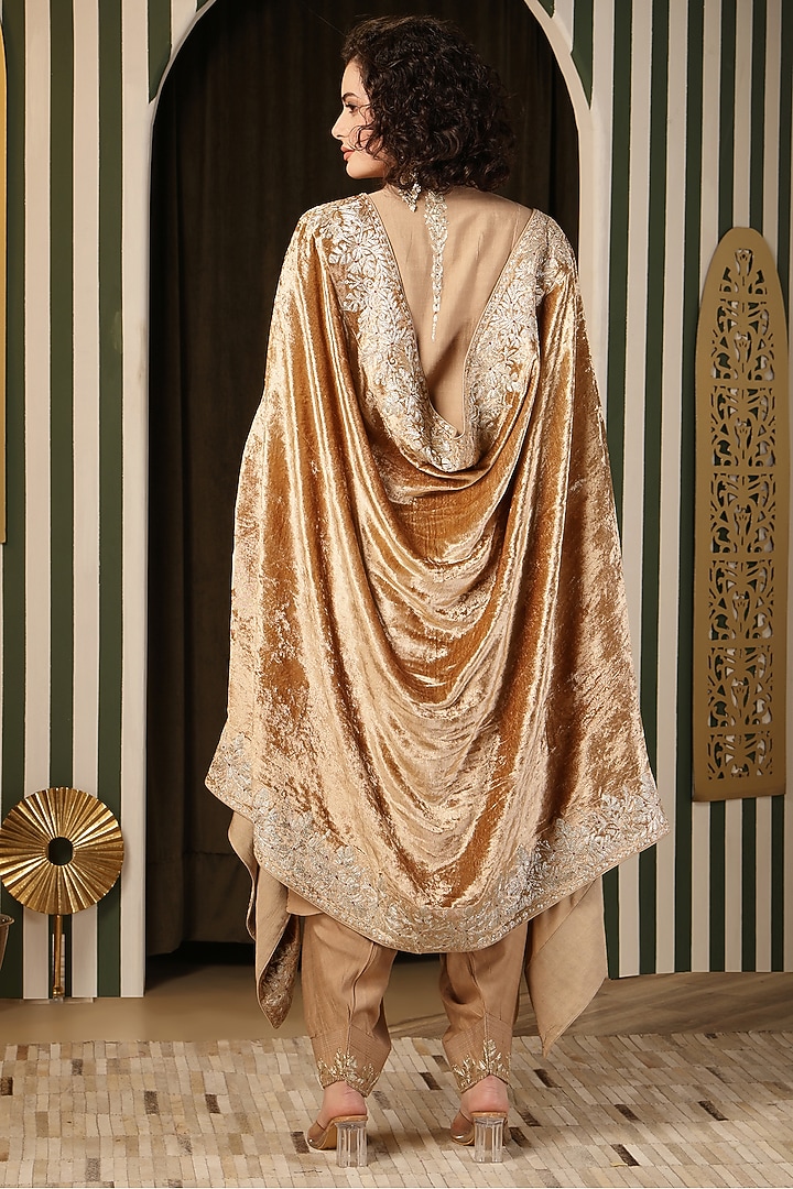 Beige Velvet Aari Work Cape Set by Soniya G at Pernia's Pop Up Shop