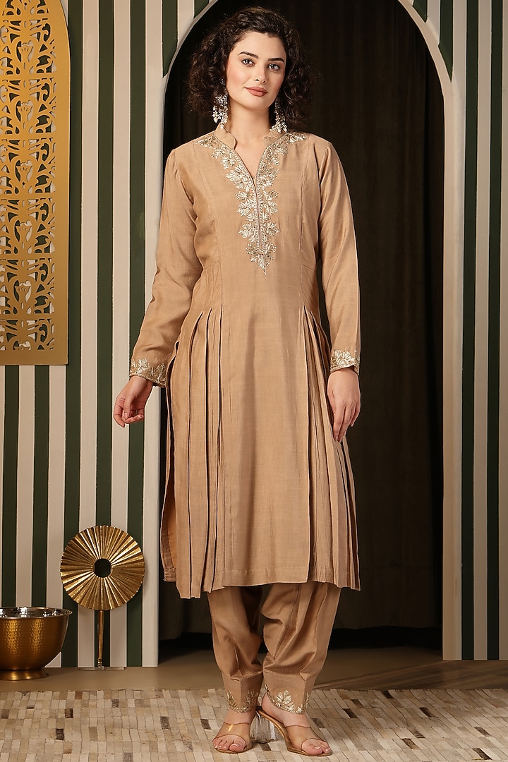 Beige Velvet Aari Work Cape Set by Soniya G at Pernia's Pop Up Shop
