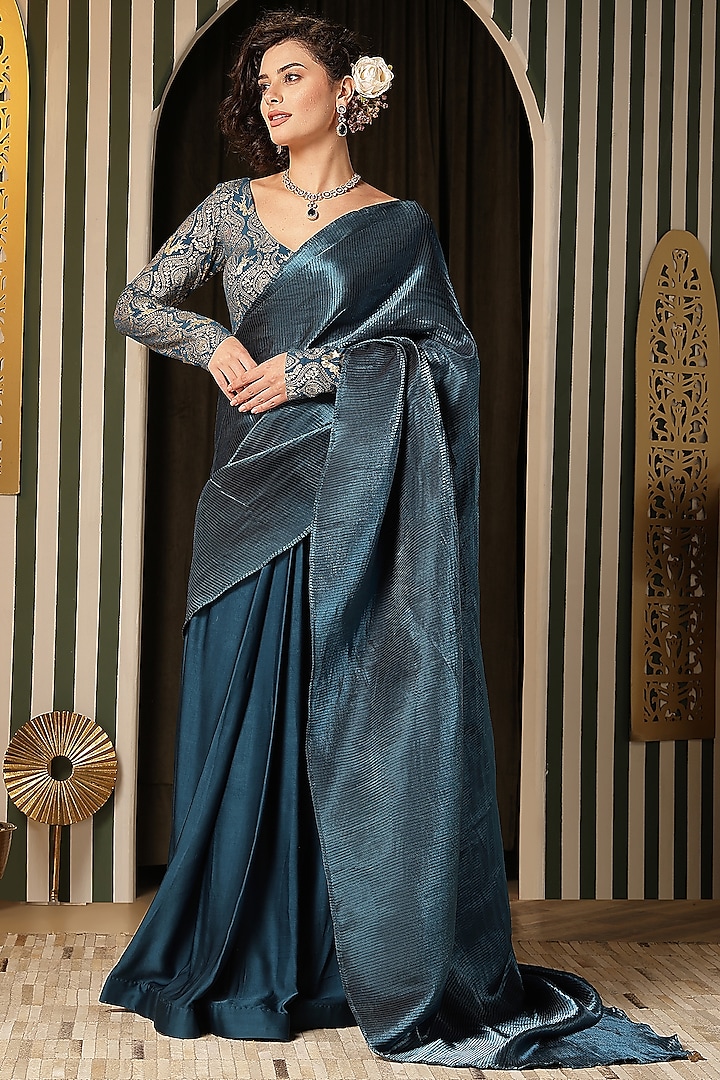 Turquoise Shine Silk Pleated Saree Set by Soniya G at Pernia's Pop Up Shop