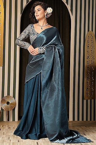 Turquoise Shine Silk Pleated Saree Set by Soniya G
