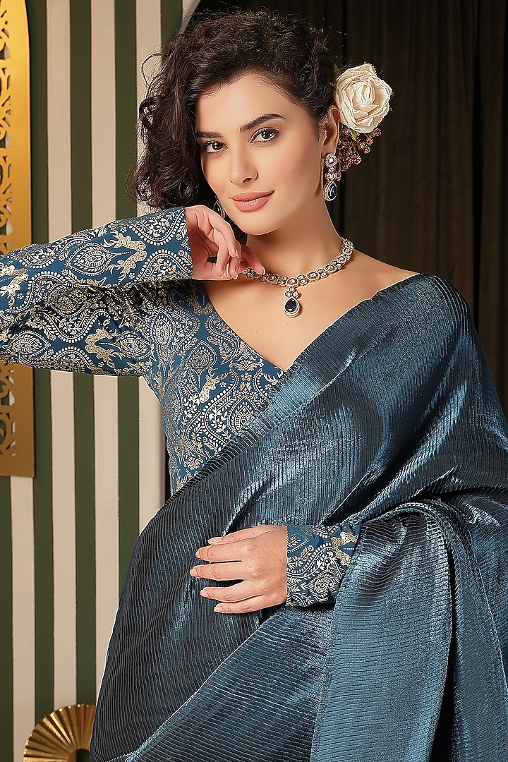 Turquoise Shine Silk Pleated Party Wear Saree Set by Soniya G at Pernia's Pop Up Shop