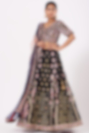 Dark Navy Blue Embroidered Wedding Lehenga Set by Soniya G at Pernia's Pop Up Shop
