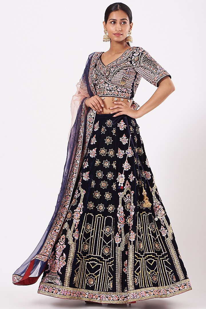 Dark Navy Blue Embroidered Wedding Lehenga Set by Soniya G at Pernia's Pop Up Shop