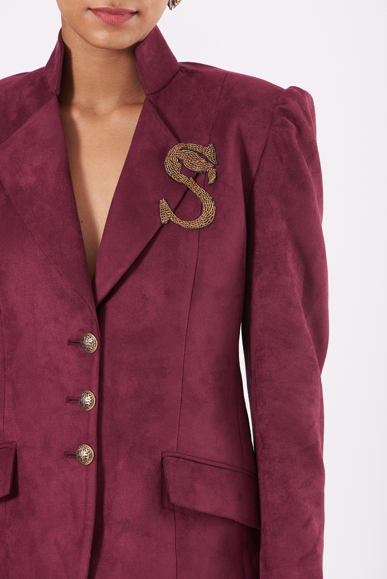 Wine Suede Blazer Set Design by Soniya G at Pernia s Pop Up Shop 2024