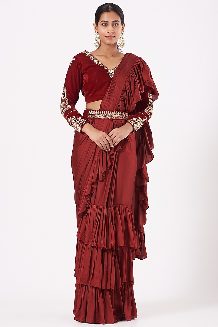 Heavy Red Crepe Pleated Saree Set by Soniya G