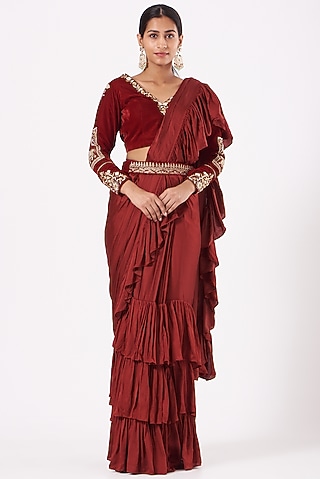 Heavy Red Crepe Pleated Saree Set by Soniya G