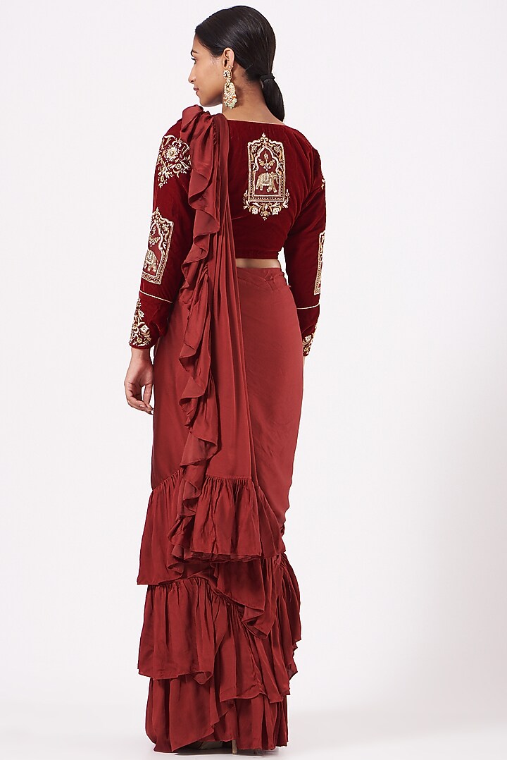 Heavy Red Crepe Pleated Party Wear Saree Set by Soniya G at Pernia's Pop Up Shop