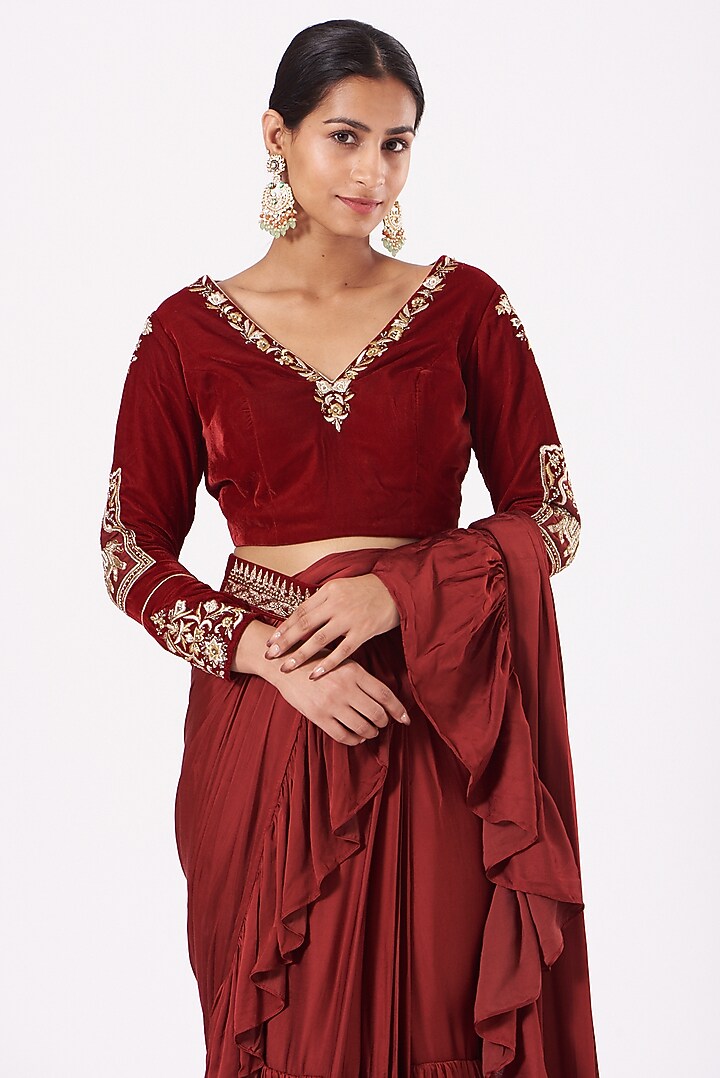 Heavy Red Crepe Pleated Party Wear Saree Set by Soniya G at Pernia's Pop Up Shop