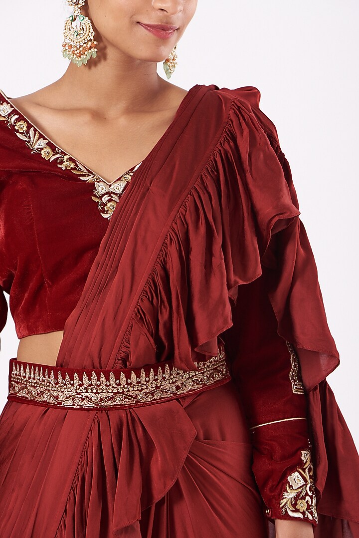 Heavy Red Crepe Pleated Party Wear Saree Set by Soniya G at Pernia's Pop Up Shop