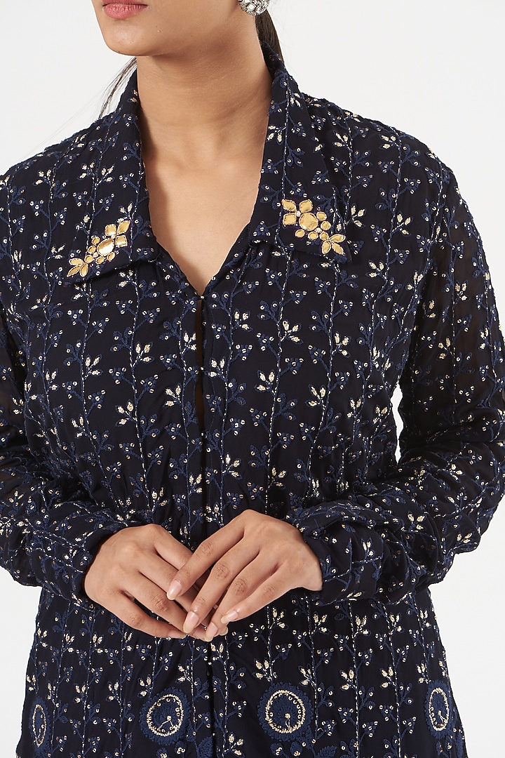 Dark Navy Blue Georgette Lucknowi Kurta Set by Soniya G at Pernia's Pop Up Shop