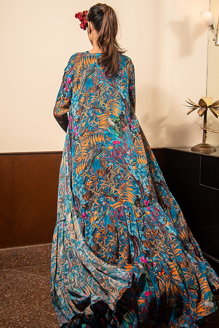 Blue Satin Printed Cape Set by Soniya G at Pernia's Pop Up Shop