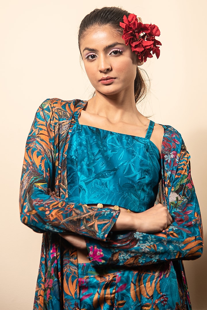 Blue Satin Printed Cape Set by Soniya G at Pernia's Pop Up Shop