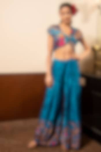 Blue Satin Printed Pant Set by Soniya G