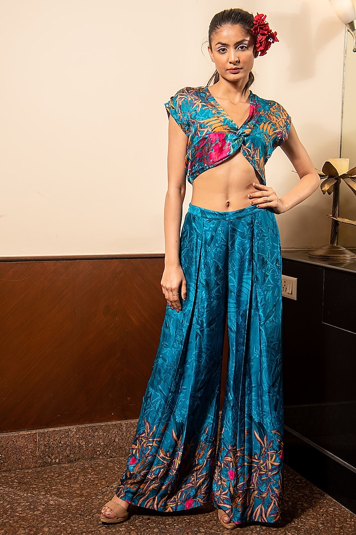 Blue Satin Printed Pant Set by Soniya G