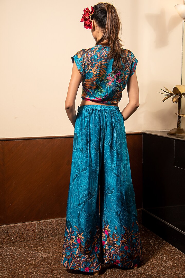 Blue Satin Printed Flared Pant Set by Soniya G at Pernia's Pop Up Shop