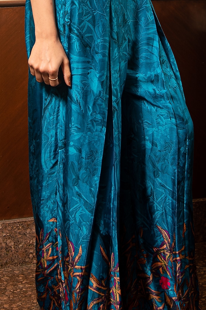 Blue Satin Printed Flared Pant Set by Soniya G at Pernia's Pop Up Shop