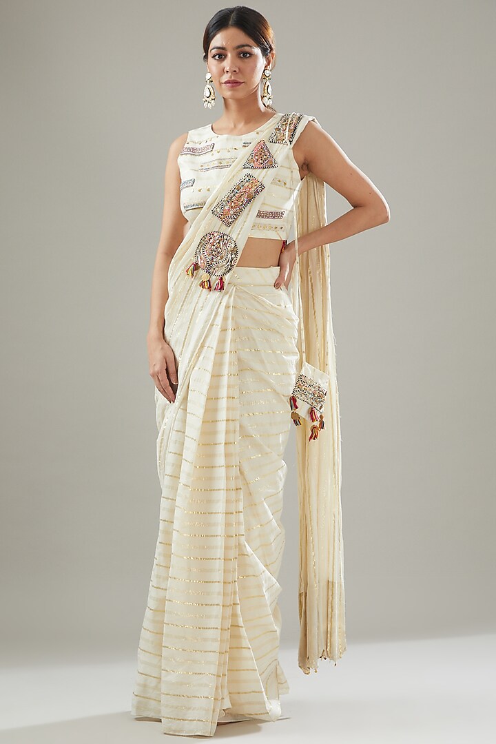 Ivory Handmade Cotton Pre-Draped Saree Set by Soniya G at Pernia's Pop Up Shop