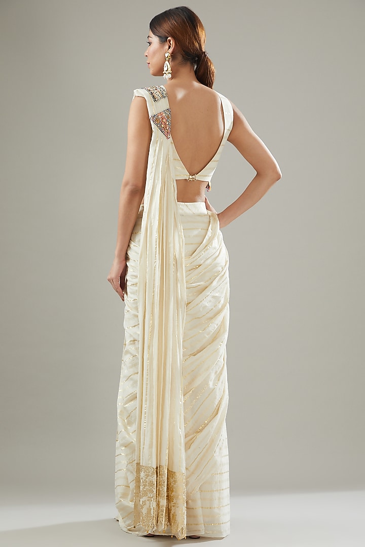 Ivory Handmade Cotton Pre-Draped Wedding Saree Set by Soniya G at Pernia's Pop Up Shop