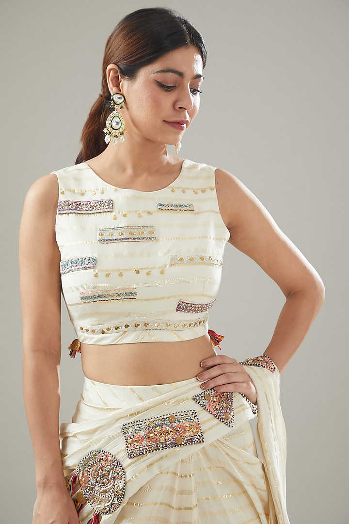 Ivory Handmade Cotton Pre-Draped Wedding Saree Set by Soniya G at Pernia's Pop Up Shop