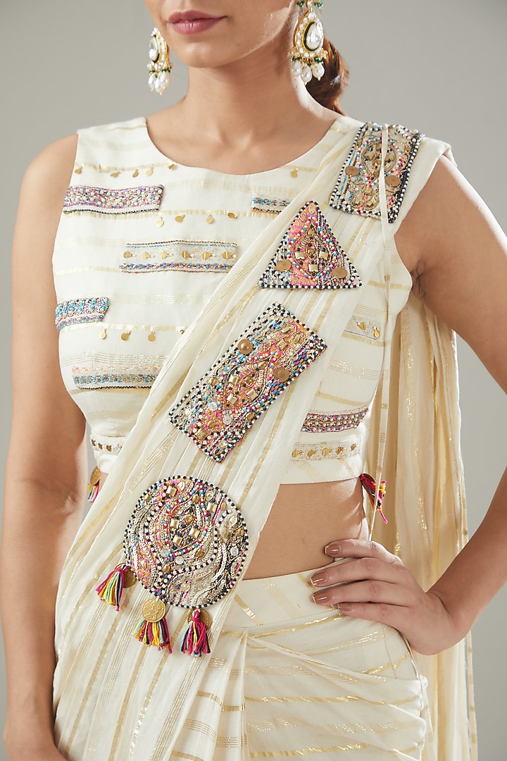 Ivory Handmade Cotton Pre-Draped Wedding Saree Set by Soniya G at Pernia's Pop Up Shop