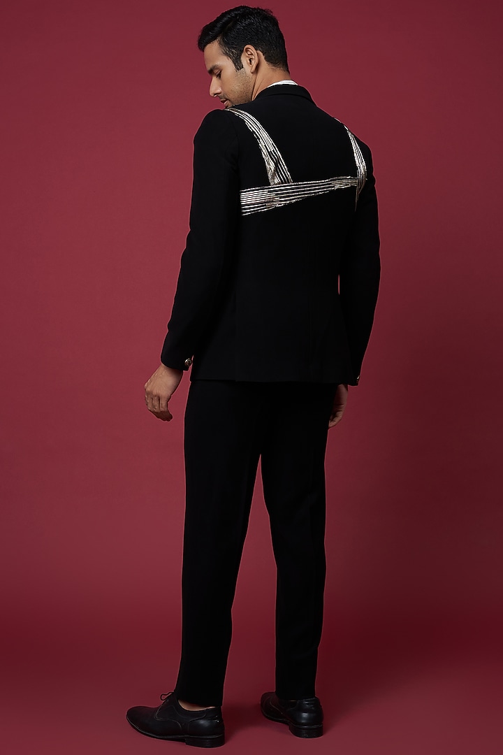 Black Italian Crepe & Foil Pleated Tuxedo Set by Soniya G Men at Pernia's Pop Up Shop