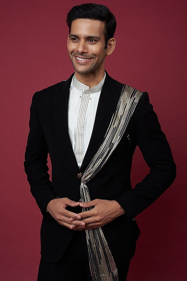 Black Italian Crepe & Foil Pleated Tuxedo Set by Soniya G Men at Pernia's Pop Up Shop
