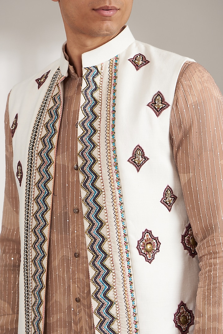 Ivory Handmade Cotton Embroidered Indo-Western Set by Soniya G Men at Pernia's Pop Up Shop