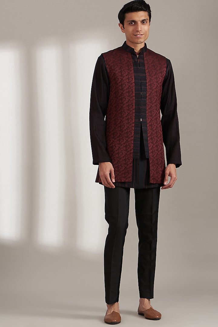 Wine Handmade Cotton Bundi Jacket Set by Soniya G Men at Pernia's Pop Up Shop