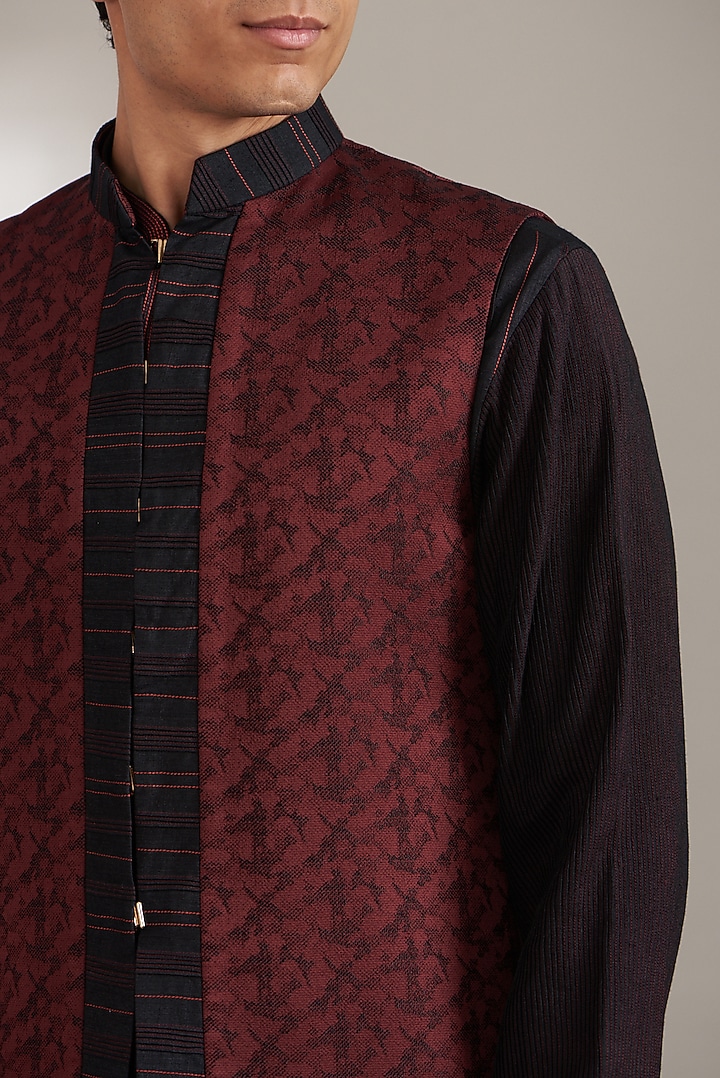 Wine Handmade Cotton Bundi Jacket Set by Soniya G Men at Pernia's Pop Up Shop