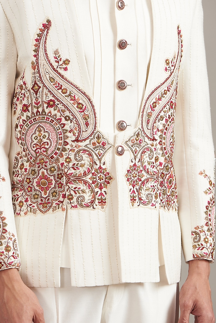 Off-White Handloom Silk Embellished Jodhpuri Set by Soniya G Men at Pernia's Pop Up Shop