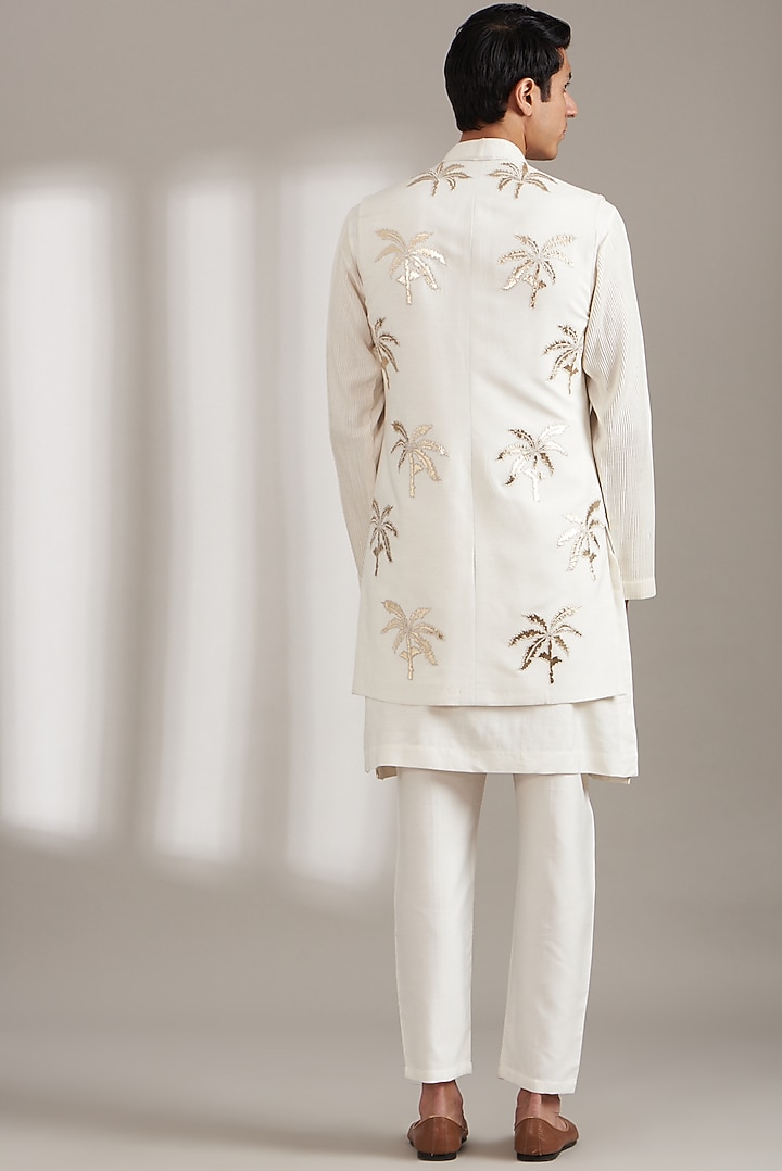 Ivory Handloom Silk Kurta Jacket Set by Soniya G Men at Pernia's Pop Up Shop
