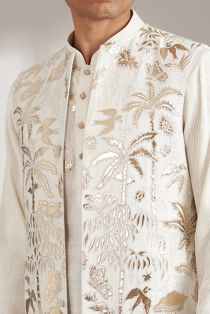 Ivory Handloom Silk Kurta Jacket Set by Soniya G Men at Pernia's Pop Up Shop