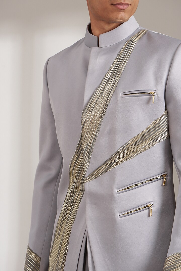 Silver Satin Embroidered Wedding Bandhgala Set by Soniya G Men at Pernia's Pop Up Shop