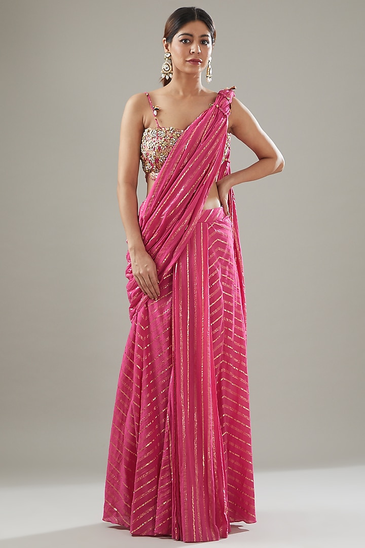 Fuchsia Pink Handmade Cotton Pre-Draped Saree Set by Soniya G