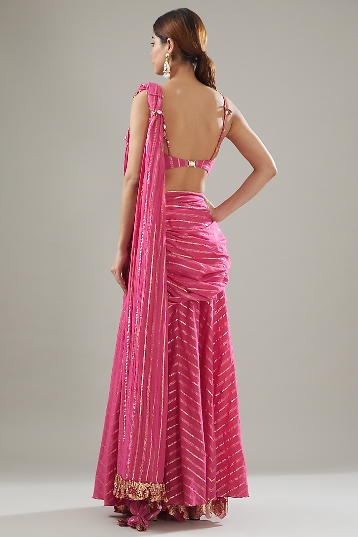 Fuchsia Pink Handmade Cotton Pre-Draped Wedding Saree Set by Soniya G at Pernia's Pop Up Shop