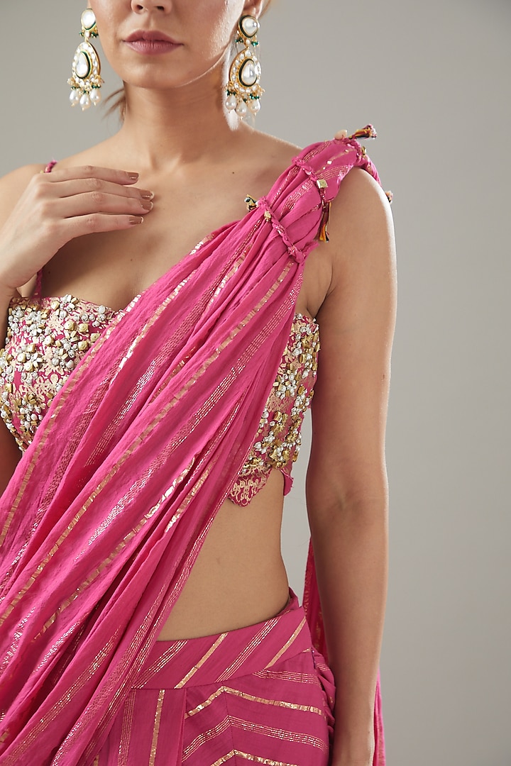 Fuchsia Pink Handmade Cotton Pre-Draped Wedding Saree Set by Soniya G at Pernia's Pop Up Shop