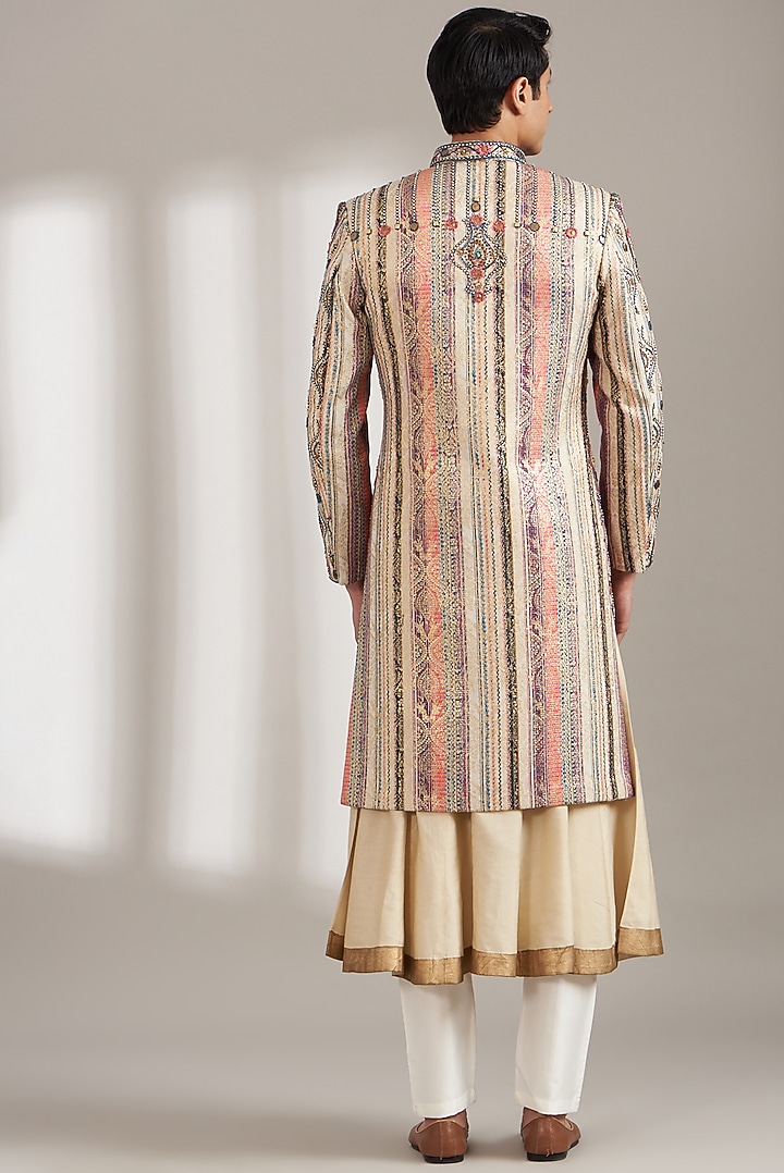 Ivory Pure Handloom Silk Embellished Groom Sherwani Set by Soniya G Men at Pernia's Pop Up Shop