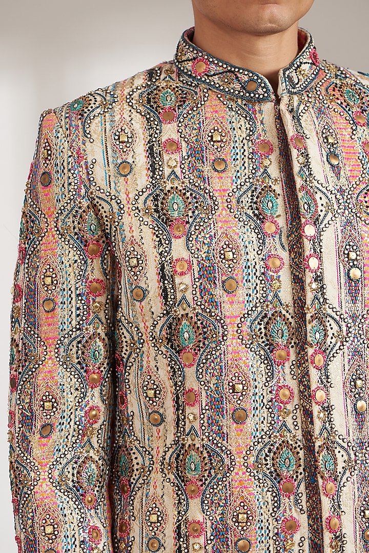 Ivory Pure Handloom Silk Embellished Groom Sherwani Set by Soniya G Men at Pernia's Pop Up Shop