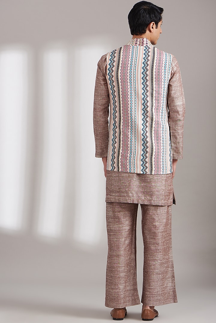 Ivory Handloom Silk Printed Indo-Western Set by Soniya G Men at Pernia's Pop Up Shop