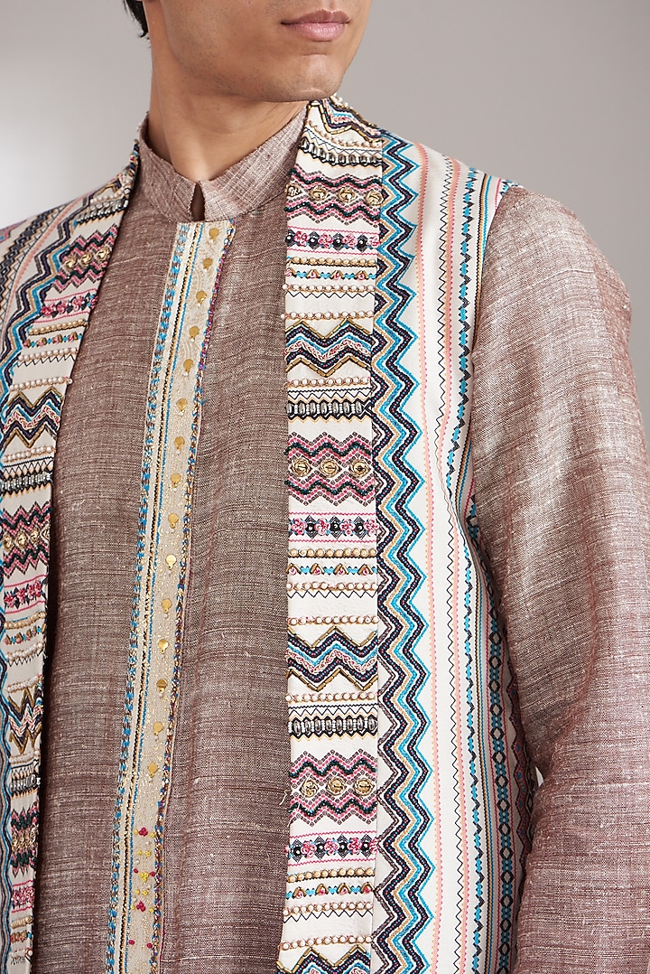 Ivory Handloom Silk Printed Indo-Western Set by Soniya G Men at Pernia's Pop Up Shop